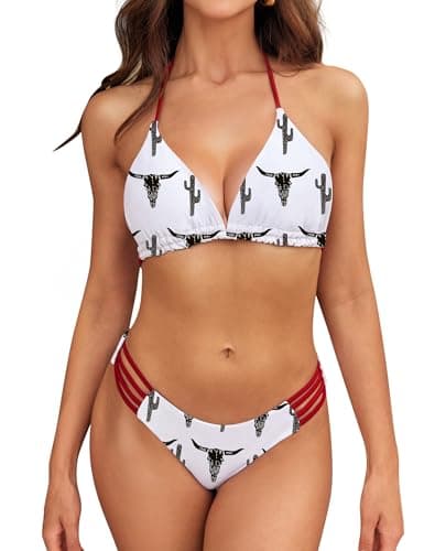 SHESHOW 2 Piece Swimsuit for Women Cowgirl Style Halter Cheeky Bathing Suits Mid Waist Sexy Bikini Sets White L