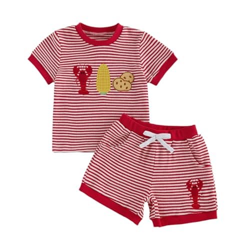 Saliuentm Toddler Boy Crawfish Outfit Waffle Summer Clothes Lobster Embroidery Short Sleeve Shirt and Shorts Summer Clothing Set (D-Red,2-3T)