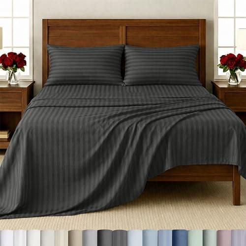 California Design Den 500-Thread-Count Twin Size Sheet Set - 100% Cotton Sateen Weave, 3 Piece Grey Bed Set, Dobby Damask Stripe Comfortable Bed Sheets, Deep Pocket Fits Mattress 15 Inches