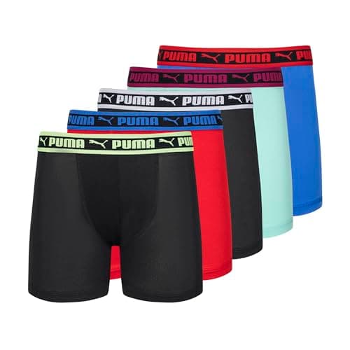 PUMA Boys' 5 Pack Performance Boxer Briefs, Black/Red, Large