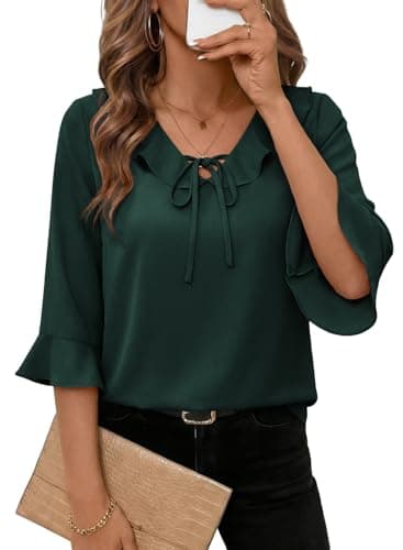 EVALESS Spring Tops for Women 2026 Fashion Green Blouse Business Casual 3/4 Length Sleeve Tie Front Ruffle V Neck Chiffon Blouses Shirts,Small