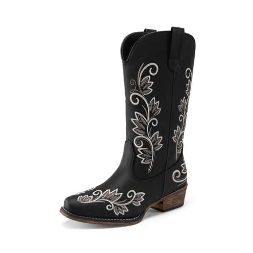 DREAM PAIRS Women's Cowboy Cowgirl Western Mid Calf Boots Square Toe Embroidered Stitched Pull On Country Boots with Low Chunky Heel,Size 6.5,Black,SDMB26002W