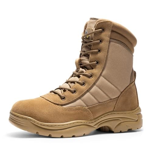NORTIV 8 Men's Military Tactical Work Boots Side Zipper Leather Motorcycle Combat Boots Trooper(6-8 Inches),Size 6.5W,Brown-8 Inches