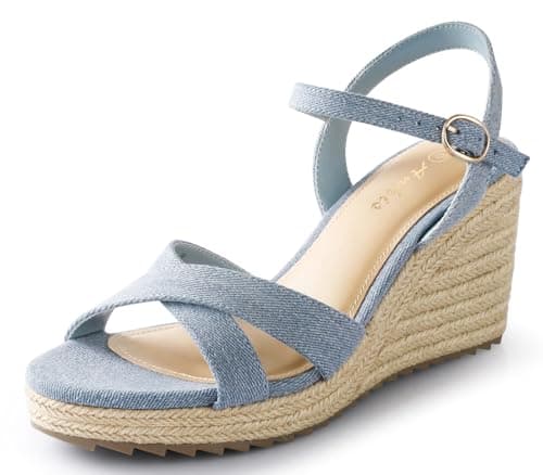 Ankis Wedge Sandals for Women, Blue Espadrille Womens Wedge Sandals Comfortable Open Toe Ankle Strap High Heel Wedges for Women Dressy Summer -3.4Inch