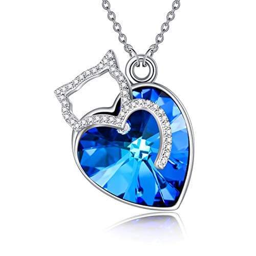 TOUPOP Christmas Gifts Cat Animal Pendant Necklace for Women 925 Sterling Silver Cat Jewelry with Blue Heart Crystal Birthday Gifts for Mom Friends Thanksgiving Day