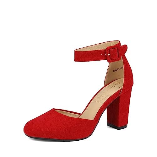 DREAM PAIRS Women's High Heel Ankle Strap Closed Toe Chunky Wedding Party Pumps Shoes,Size 5,Red/Suede,Angela