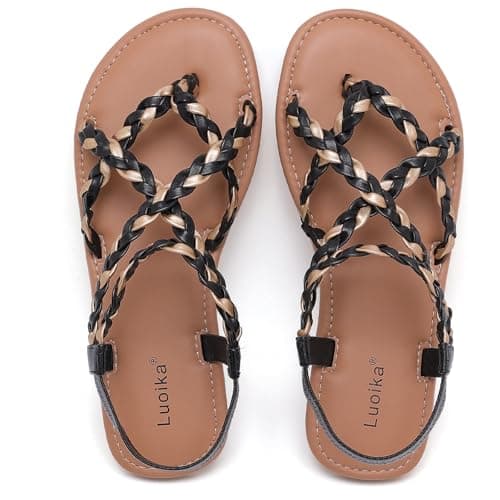 Luoika Women's Wide Width Braided Strappy Flat Sandals812 Black Gold 10XW