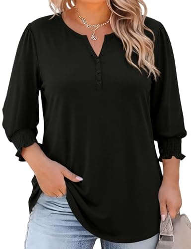 LOMON Womens Plus Size Tops 3/4 Sleeve Shirts V Neck Tunic Tops Casual Ladies Summer Dressy Top 2026 Fashion Loose Fit Blouses Black XL