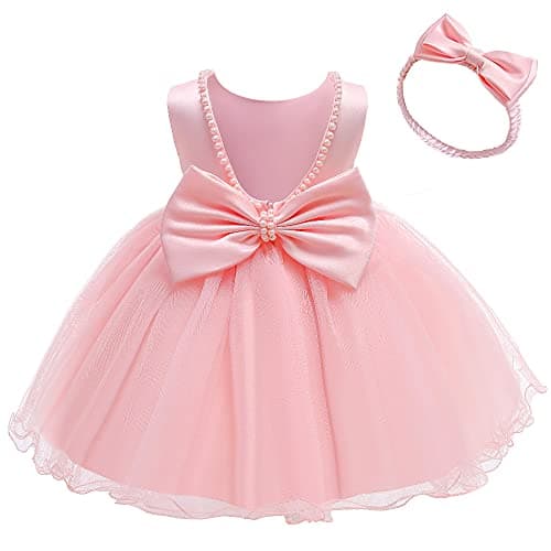 NSSMWTTC Flower Girl Dress Wedding Baby Birthday Party Frocks Christmas Event Baptism Prom Tutu Backless Dresses (Pink,90)