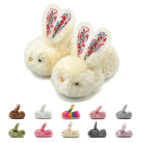 rosyclo Toddler Slippers Boy and Girl Bunny Slippers Long Plush Non-Slip Super Warm Animal Slippers, Suitable for Indoor and Outdoor Kids Slippers Beige Little Kid 10.5