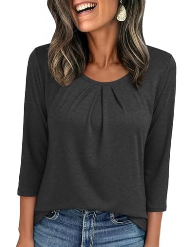 JUSTFASHIONNOW Womens 3/4 Length Sleeve Tops Crewneck Pleated T-Shirts Dressy Casual Tunic Basic Business Blouses(Black Large)