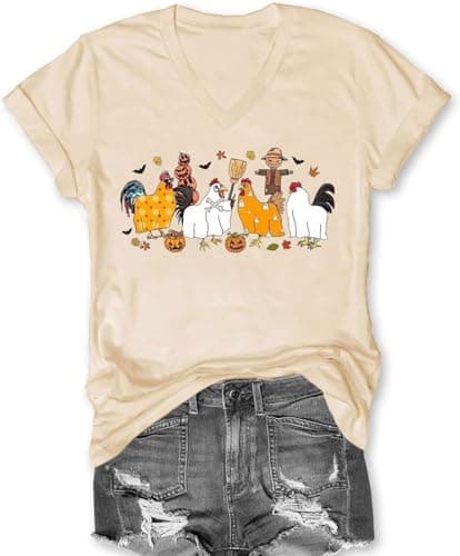 Halloween Ghost Chicken T Shirt Women Chicken Lover V Neck Shirts Funny Fall Graphic Tee Holiday Short Sleeve Shirts Tops(Beige1-S)