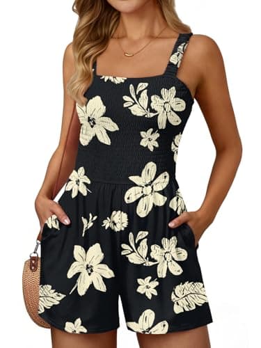 AUTOMET Rompers for Women Summer Vacation Beach Outfits Casual Loose Square Neck Shorts Jumpsuits Overalls 2026 Resort Wear Black XL
