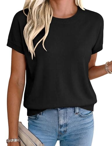 Totatuit Short Sleeve Sweaters for Women 2026 Spring Lightweight Crewneck Knit Sweater Shirts Business Casual Cap Sleeve Tops Summer Office Outfits Black L