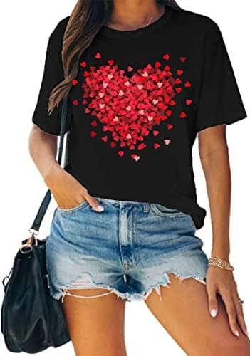 MAIHUN Womens Valentine's Day Shirts Cute Love Heart Tshirts Funny Teen Girl's Valentines Short Sleeve Black