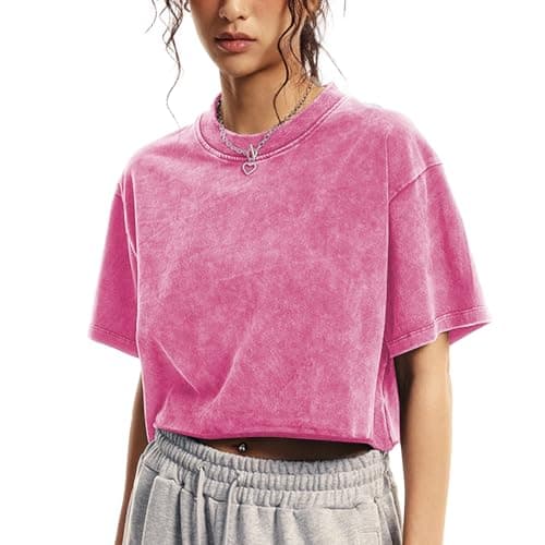 Talakeno Womens Oversized Vintage T Shirts Casual Cropped Tees Short Sleeve Cotton Acid Wash Tops Summer Grunge Shirts(Rose-Red,L)