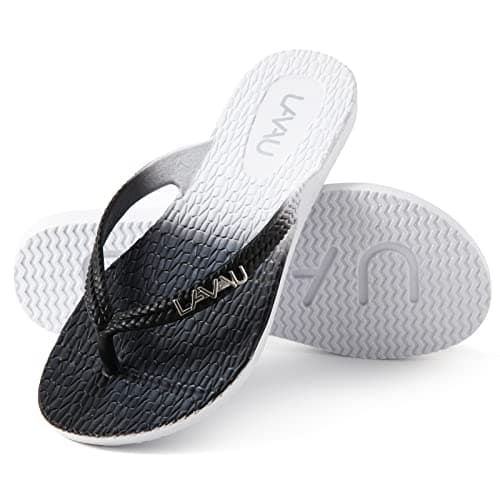 LAVAU Beach Sandals for Women Dressy Summer, Waterproof and Non Slip Flip Flops for Pool, Shower and Water LAVAU-002-hei/bai-7