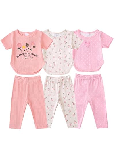 Mioglrie Toddler Baby 18 24 Months Girl Clothes Toddler Summer Outfits 18-24 Month Girl Clothing Pink 6 Packs Shirt and Pants Set Baby Essentials for Girls