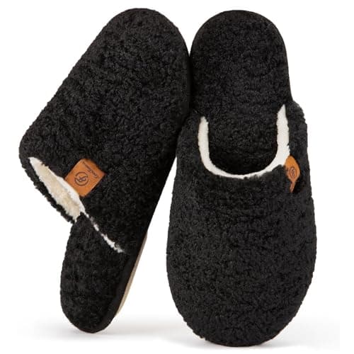 EverFoams Women's Fuzzy Slip-on Slippers Warm Cozy Soft Lightweight Memory Foam Indoor House Shoes Black, 7-8 US