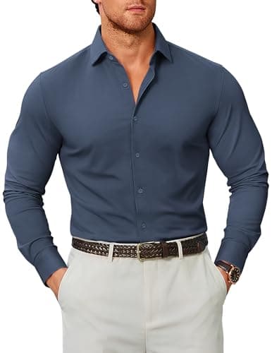 COOFANDY Mens Button Up Shirts Long Sleeve Muscle Fit Dress Shirts for Men Business Casual Shirt Deep Blue Small