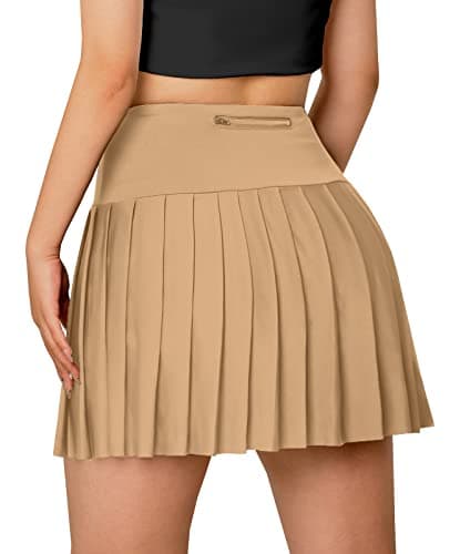 SANGTREE Women's Quick Dry Pleated Tennis Skorts Skirts, High Waisted Cute Running Golf Athletic Mini Skirt with Shorts Pockets, Khaki, US L