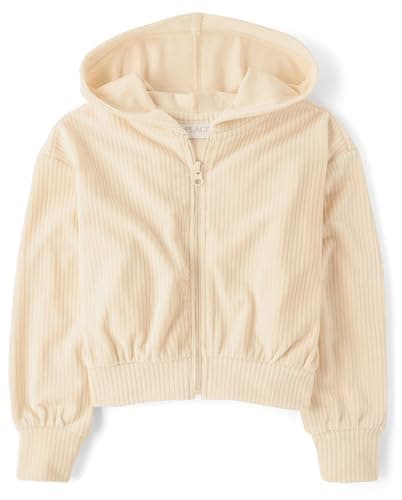 The Children's Place,Girls,Long Sleeve Active Hooded Fleece Full Zip Up,Frappe Velour Rib,Large