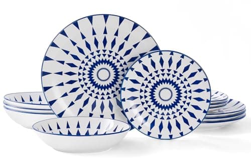 Bestone Ceramic 12-Pieces Dinnerware Sets, Ceramic Dish Plates and Bowls Sets, Dishes Set for 4, Dinner Salad Dessert Plates, and Cereal Bowls Set, Gift,Vintage Blue