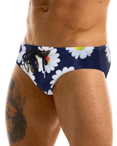 MIZOK Men's Sexy Bikini Swim Briefs Quick Dry Printed Swimsuit Beach Swimwear with Drawstring Navy S
