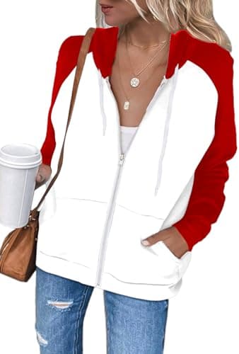 Ezbelle Long Sleeve Fall Tops Zip Up Hoodie Women's Hoodies Color Block Shirt Ladies Track Oversized Jacket Lightweight(White Red) Small