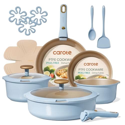 CAROTE 18Pcs Pots and Pans Set, Nonstick Cookware Set Detachable Handle, kitchen Pan Set, Induction kitchen cookware Non Stick, RV Cookware Sets, Oven Safe, Blue