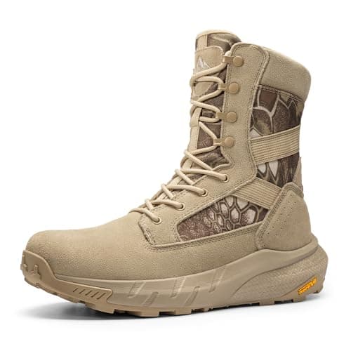 NORTIV 8 Men's Breathable Tactical Military Work Boots Side Zipper Leather Lightweight Hiking Motorcycle Combat Boots 8 Inches Peakforce,Size 7.5,Camo Sand,SNMT242M
