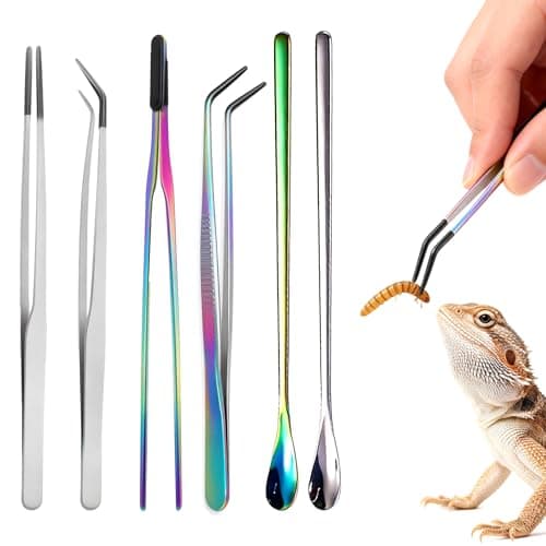 6PCS Stainless Steel Reptile Feeding Tongs and Spoons Set, 10.6" Long Tweezers with Rubber Tips & 10.2" Feeding Scoops for Bearded Dragon Tank Accessories, Snake Enclosure, Gecko, Terrarium Supplies
