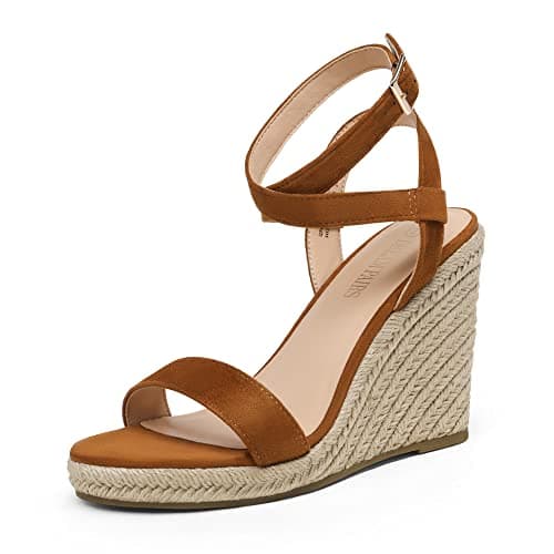 DREAM PAIRS Womens Open Toe Espadrilles Dressy Platform Sandals Buckle Ankle Strap Stylish Wedges Summer Dressy Sandals,Size 5,Tan/Suede,SDPW2211W