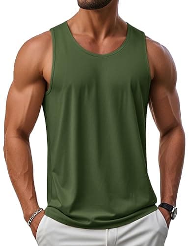 MAGCOMSEN Mens Muscle Tank Tops Gym Workout Sleeveless Shirts UPF 50+ Athletic Cut Off Shirts Bodybuilding Tank Tops ArmyGreen M