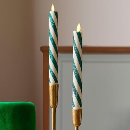 Luminara - Flameless Battery Operated Taper Candle - Candy Cane Green- Pack of 2-1x9.75 - LED Flickering Flame- Realistic Safe for Home Kids and Pets