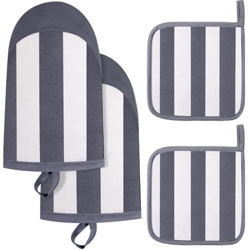 Reallnaive 4 Pcs Stripe Oven Mitts and Pot Holders Set, Cotton Oven Mitten Gloves Hot Pads Heat Resistant 500°f for Kitchen, Outdoor Indoor Garden Baking Cooking BBQ Gift Hanging Loop, Beige (Gray)
