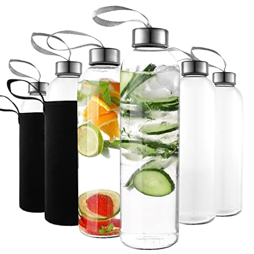 Kitchen Lux 24oz Glass Water Bottles (Set of 6) w/Nylon Protective Sleeves