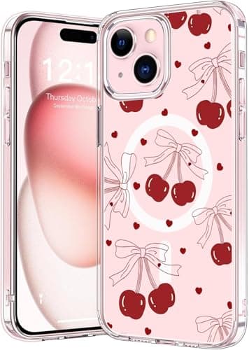 Houdqklee Magnetic Bows for iPhone 14 Pro max Case, Cute Pink Ribbon Bow Cherry Phone Case Compatible with MagSafe, Shockproof Slim Soft TPU Clear Aesthetic Protective Cases for Women Girls