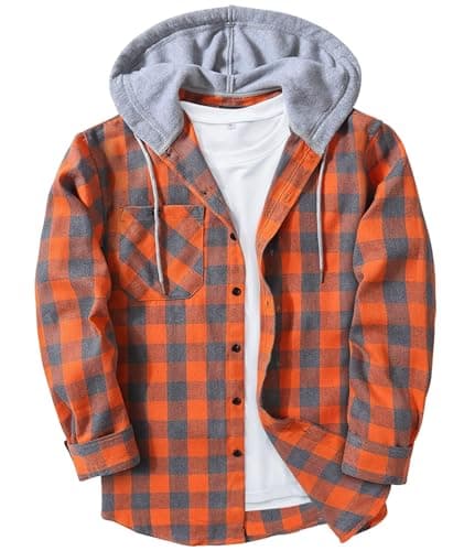 ZITY Men's Flannel Hoodie Shirts Casual Button Down Plaid Shirt Jackets for Men Long Sleeve Stylish Hooded with Pocket Orange Grey X-Large