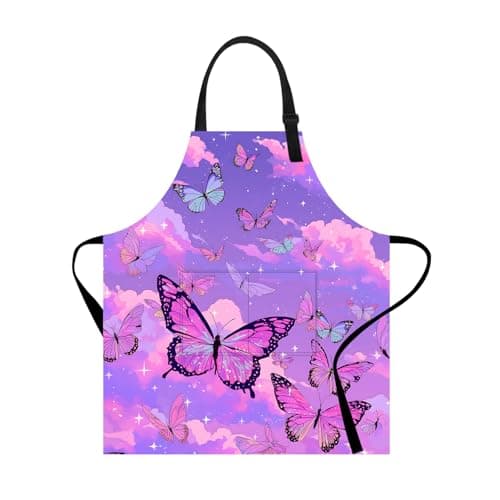 ANNA QUEEN Purple Butterfly Apron with Pocket – Adjustable Kitchen Bib Apron for Women & Men | Cooking, Baking, Artistic Gift