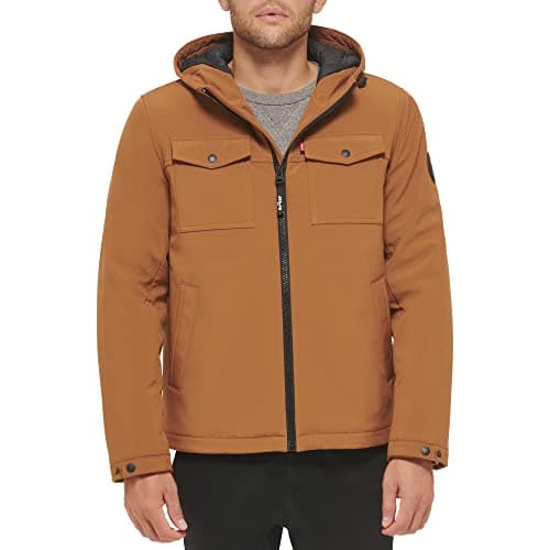 Levi's Men's Soft Shell Two Pocket Sherpa Lined Hooded Trucker Jacket, Brown W. Quilted Lining, XX-Large