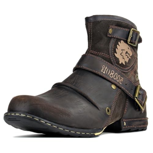 OSSTONE Moto Boots for Men Fashion Zipper-up Leather Chukka Boots Casual Shoes 5008-1-D-9 Brown