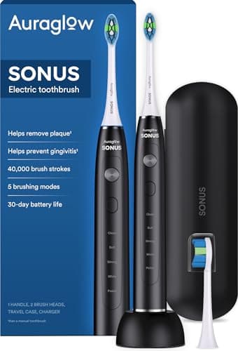 AURAGLOW Electric Toothbrush for Adults, Strong Sonic Toothbrush, 40,000 VPM, Rechargeable, 5 Modes, Removes 10x More Plaque, IPX7, 30-Day Battery, 2 Brush Heads & Travel Case