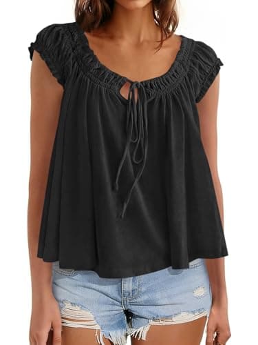 Beloyoni Womens Summer Babydoll Flowy Tank Tops Tie Front Ruffle Cap Sleeve Blouses Cute Going Out Dressy Shirts Black S