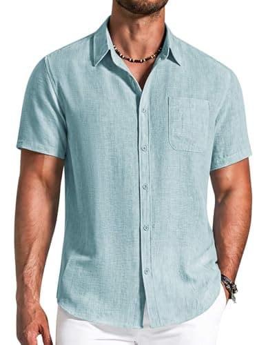 COOFANDY Men's Button Down Shirts Short Sleeve Casual Shirt Summer Beach Textured Shirts Mint Green