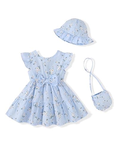 Renotemy Toddler Dresses 18 Months Girl Clothes Summer Boho Outfits Beach Birthday Gifts Blue Floral Dress Ruffle Sleeve Casual Vintage Sundress Baby Flower Girl Dresses 18-24 Months Clothing Set