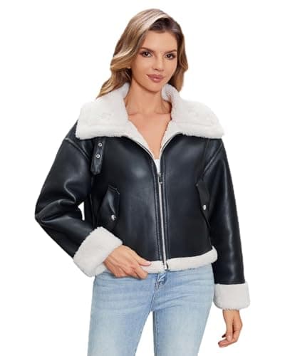 DIASHINY Faux Fur Leather Jacket For Women Cropped Fur Lined Loose Sherpa Leather Shearing Coat Black L