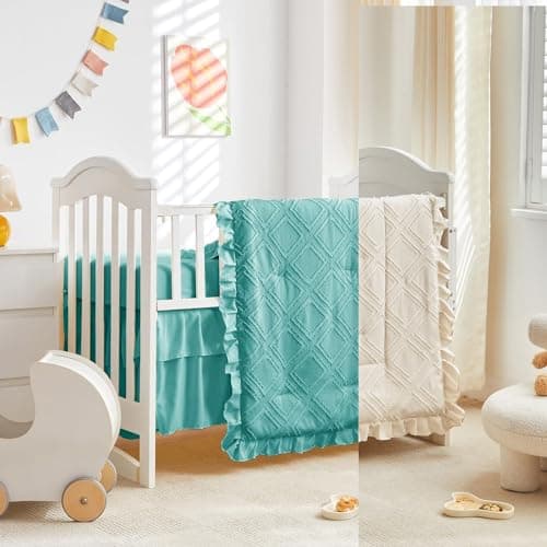 Mini Crib Bedding Set 3 Pieces Baby Boho Quilted Tufted Ruffles Comforter with Fitted Sheet and Ruffled Bed Skirt - Cute Shabby Baby Bedding Fits Mini Crib Only Teal Blue