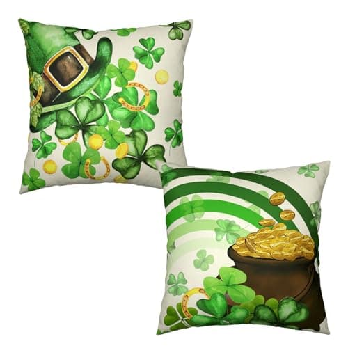 Wnoesat St Patrick's Day Pillow Covers 20x20 Set of 2 Green Shamrocks Lucky Charm Blessed Hat Gold Coin Pot Throw Pillow Covers Saint Patricks Day Stripes Clover Cushion Case for Outdoor Couch Patio