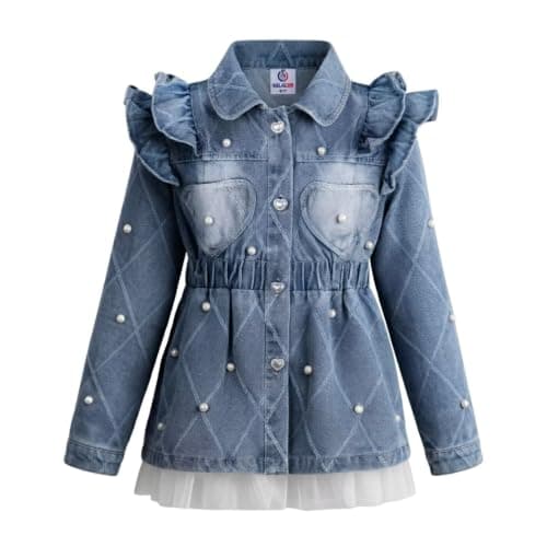 Girls Denim Jacket with Pearls and Tulle Hem, Ruffle Shoulder Jean Coat